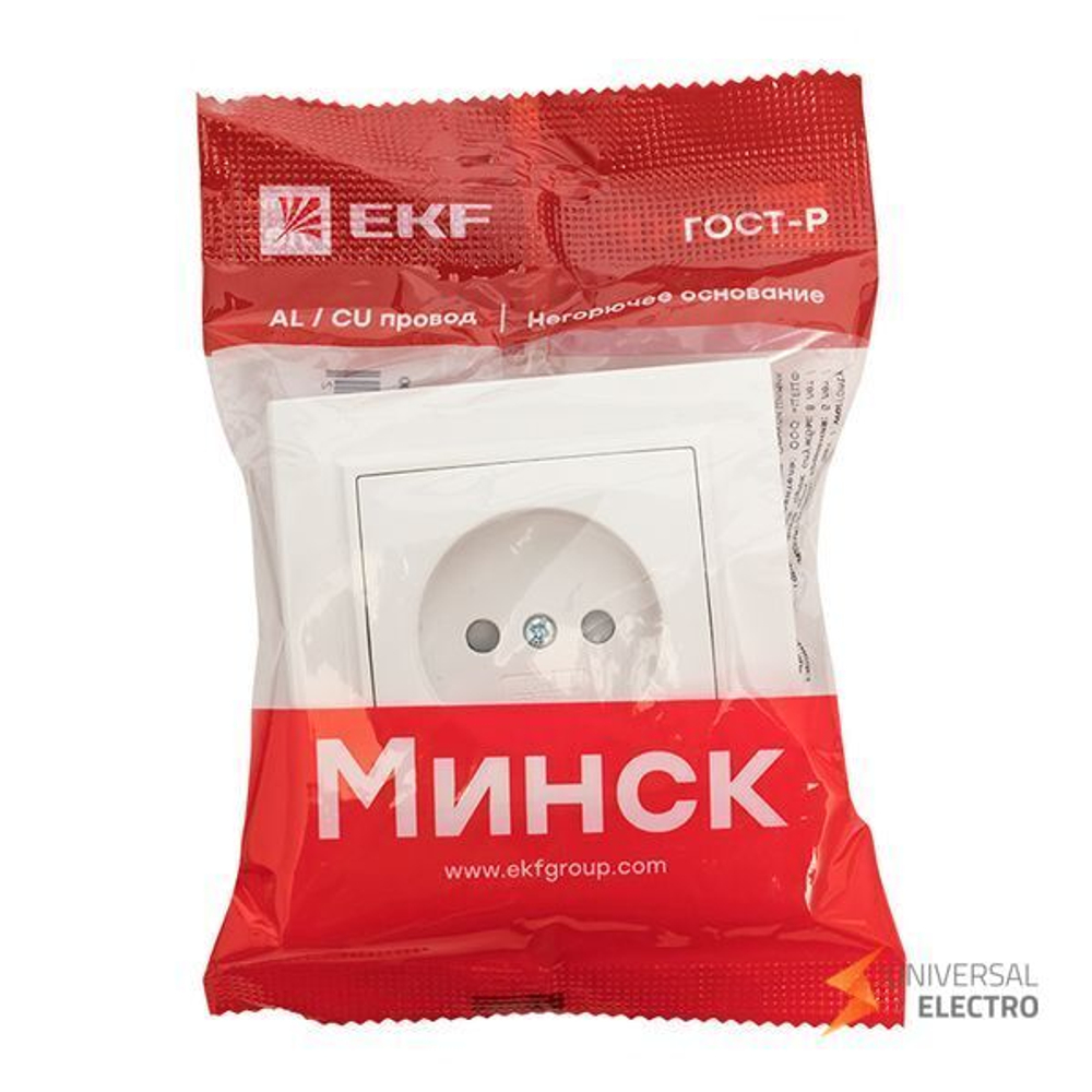Минск Розетка 1-местная СП без заземления, 10 А, с защ,штор,, белая EKF Basic