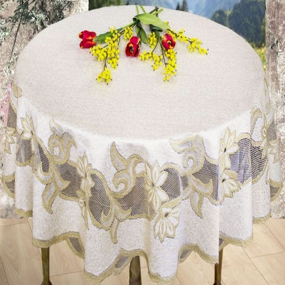 Скатерть жаккардовая круглая, цвет кремово-золотистый, Польша. Скатерть жаккардовая круглая, цвет кремово-золотистый, Польша.