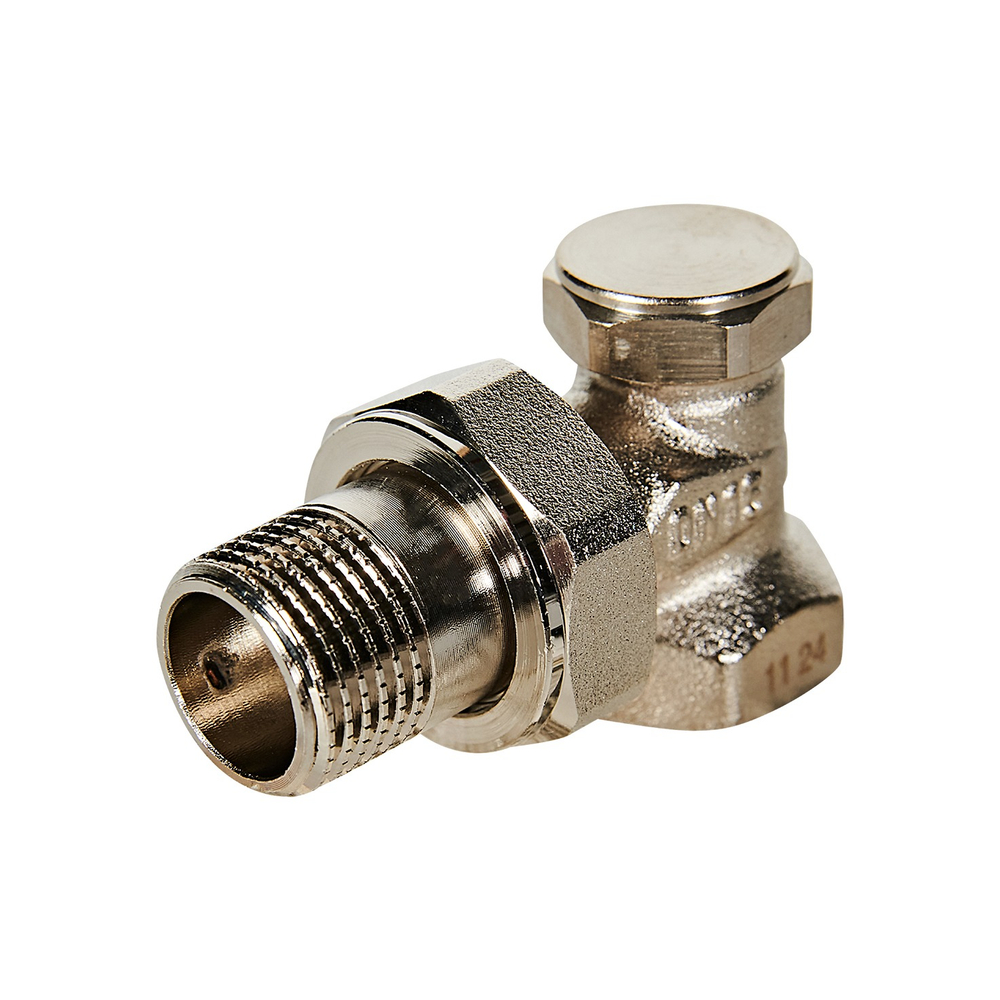 Клапан запорно-балансировочный угловой ROMMER - 1/2" (ВР/НР-американка, PN10, Tmax 110°C)