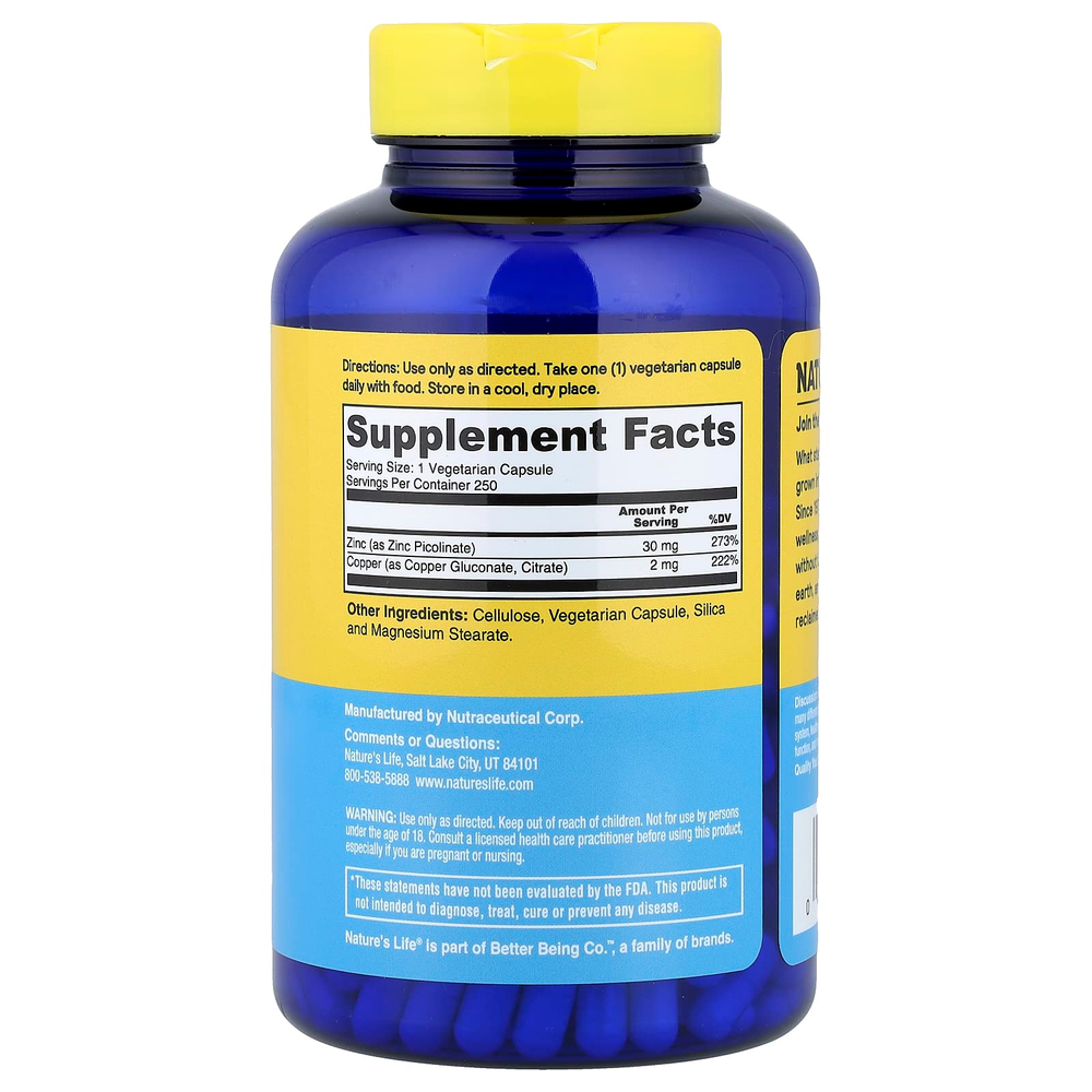 Nature's Life, цинк и медь для защиты, 250 капсул