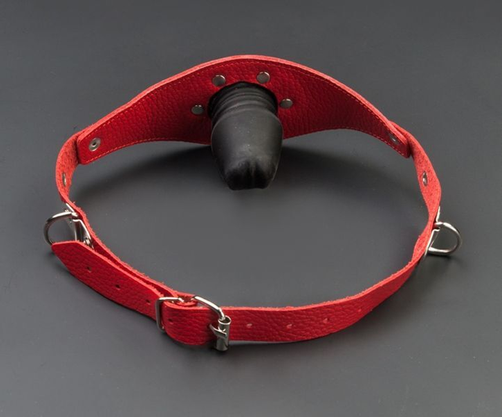 Красный кожаный кляп с фаллосом (Цвет: красный)