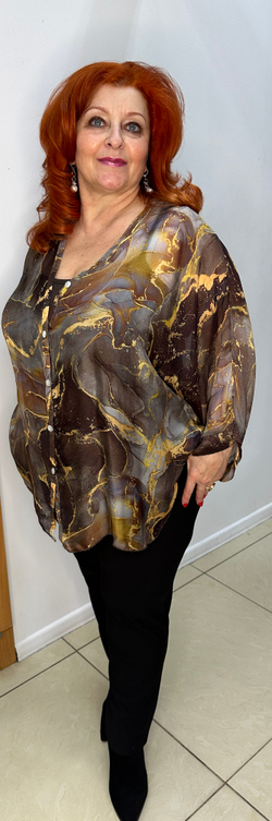 Двойка: итальянский шифоновый блузон с коричневой трикотажной маечкой