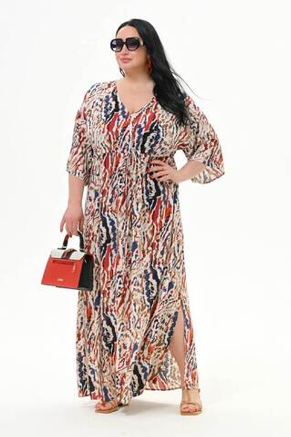 Платье с V-вырезом и кулиской, принт натуральный