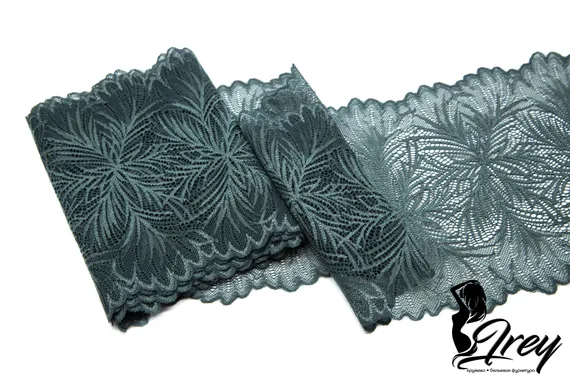 1079 Кружево эластичное 19 см, Италия, мандала, бальзамический зеленый