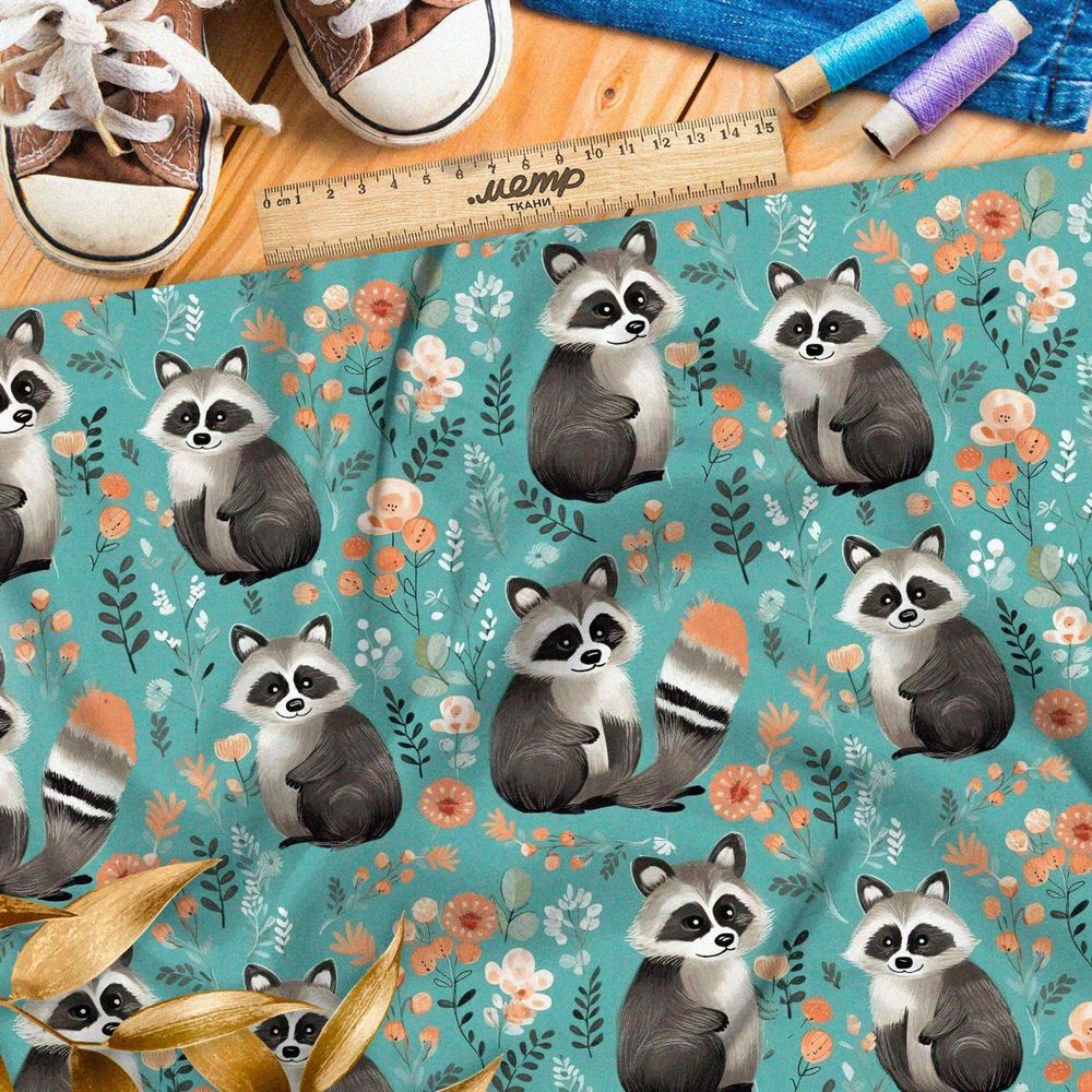 Ткань премиум интерлок милые еноты