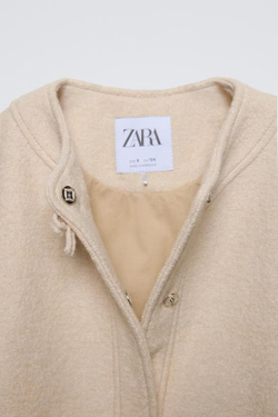 ZARA ЖАКЕТ ИЗ СМЕСОВОЙ ШЕРСТИ БУКЛЕ С БАНТОМ, ЭКРЮ