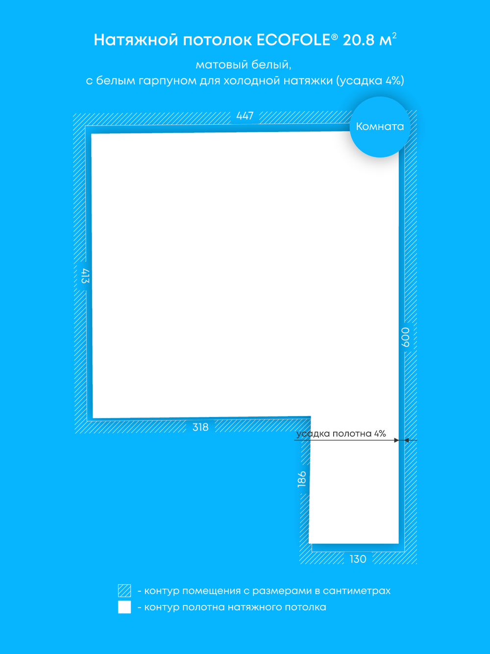Матовый натяжной потолок 20.8 м2