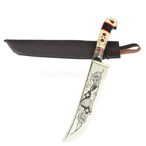 Пчак большой шеф, гарда мельхор с узорами, рукоять кость/текстолит Ерма. Клинок НЕРЖ. 20 см