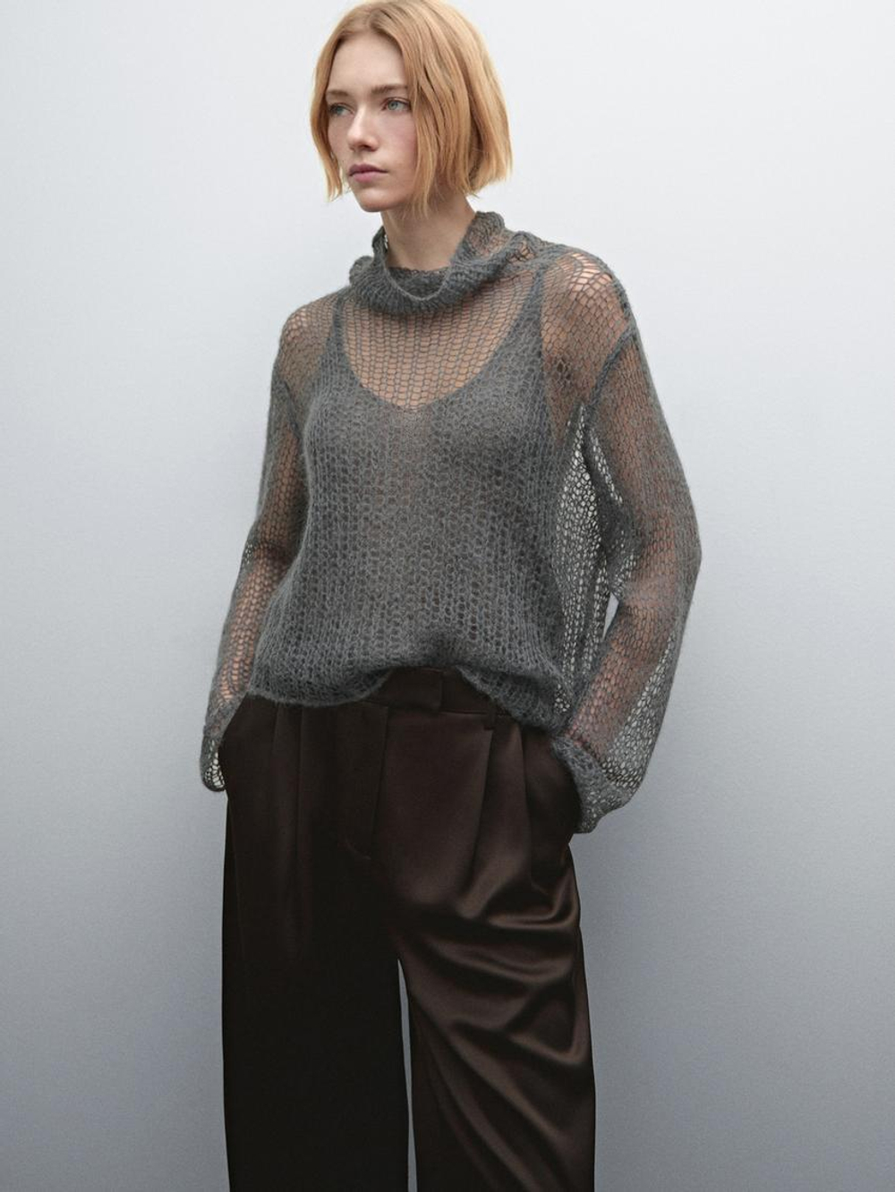 Massimo Dutti Струящиеся атласные брюки с широкими штанинами, коричневый