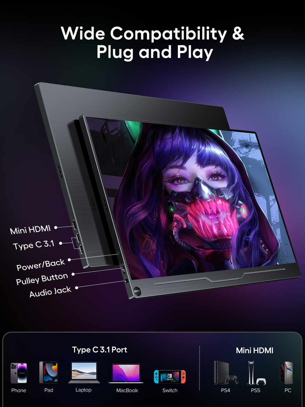 18.5" Портативный монитор с магнитным чехлом Uplays E03 FHD IPS 1920x1080, 120 Гц