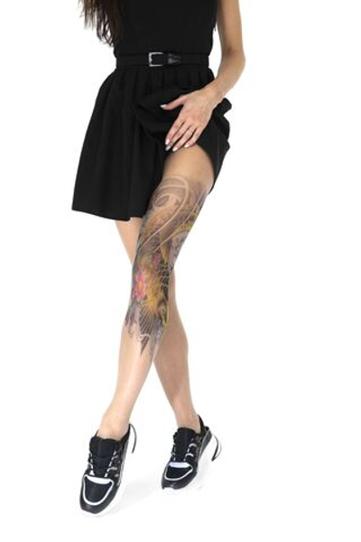 Колготки с принтом в виде черно-желтого карпа кои на левой ножке (Размер: S-M-L) (Цвет: бежевый)