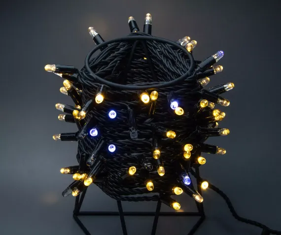 Светодиодная нить 100 теплых белых LED ламп, 10 м., 24В, мерцание, черный резиновый провод 2,3 мм., Teamprof (TPF-S10CF-24V-SRB/WW)