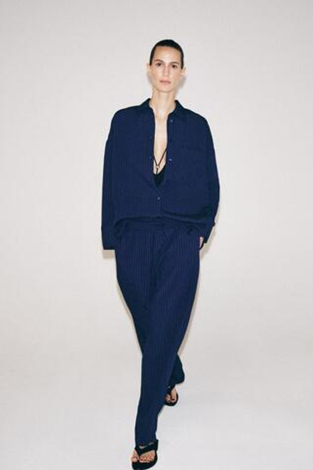 ZARA БРЮКИ В ПИЖАМНОМ СТИЛЕ С ТЕКСТУРОЙ — ZW COLLECTION, МОРСКОЙ СИНИЙ