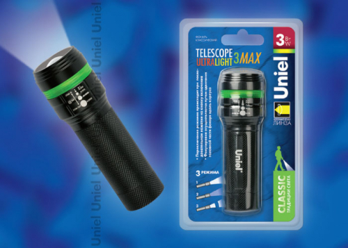 S-LD018-C Black Фонарь Uniel серии Стандарт «Telescope ultra light - 3 max », алюминиевый корпус, 3 Watt Led, упаковка — кламшелл, 3хААА н/к, цвет — ч