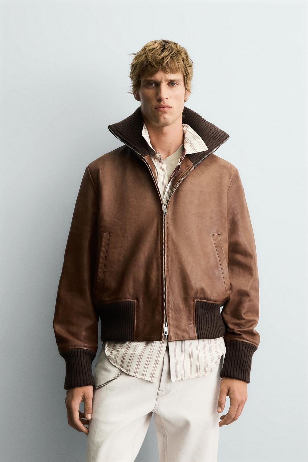 ZARA КОЖАНАЯ КУРТКА КЛАССИЧЕСКОГО КРОЯ, СВЕТЛО-КОРИЧНЕВЫЙ