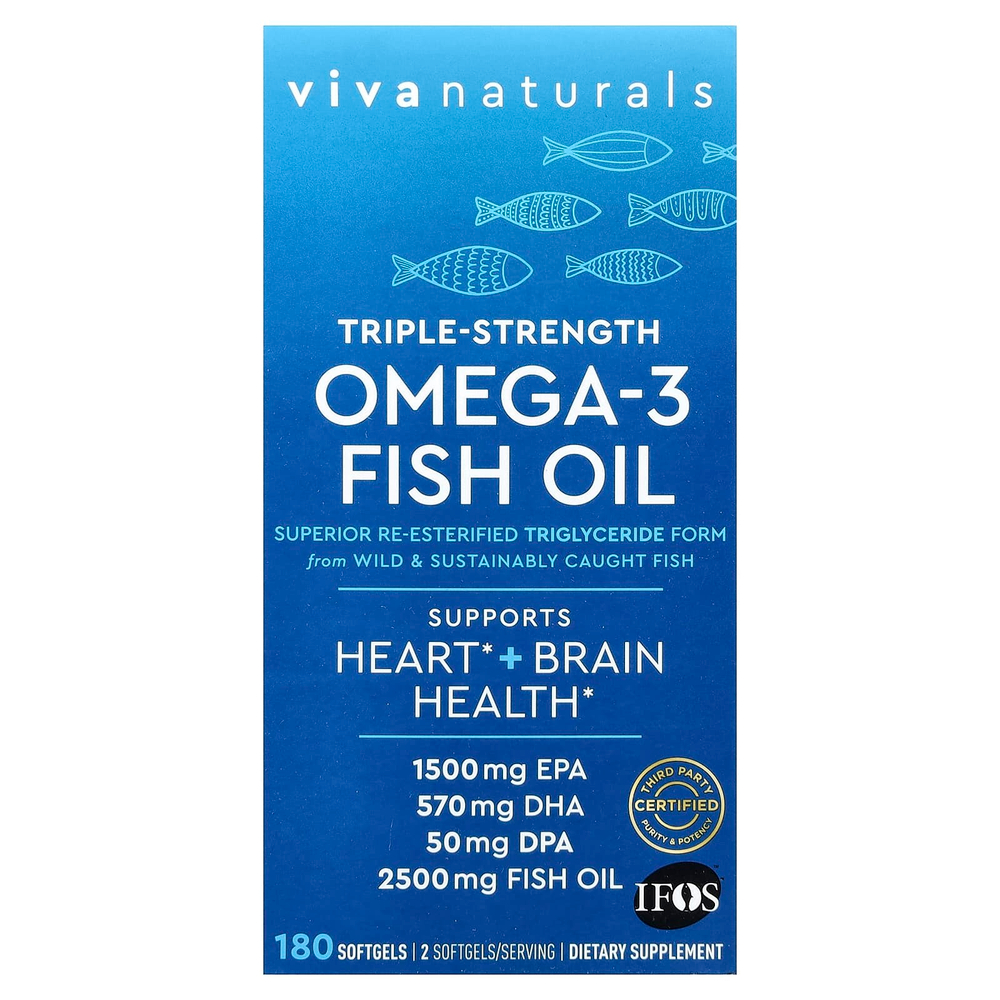 Viva Naturals, рыбий жир с омега-3, тройная сила, 2500 мг, 180 капсул (1250 мг в 1 капсуле)