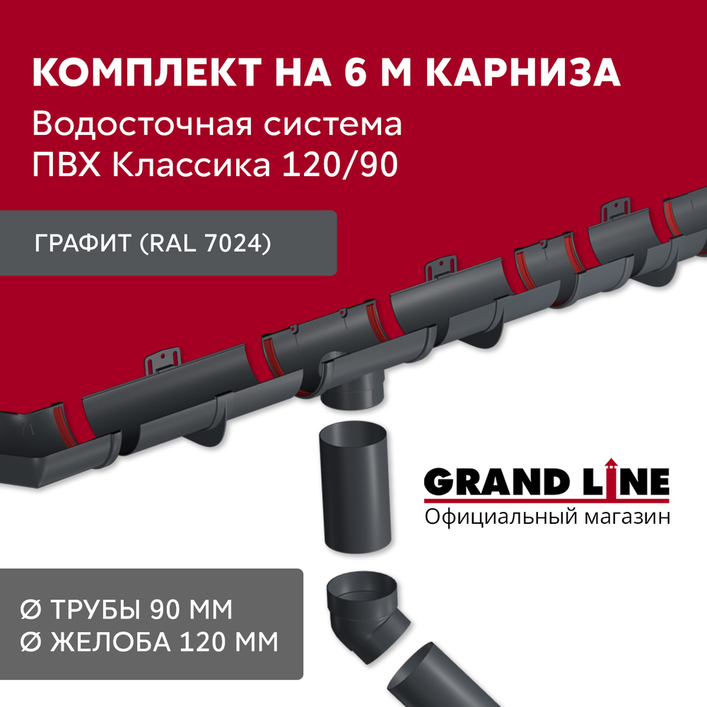 Комплект водосточной системы Классика 120 ПВХ Grand Line, 6 м/3м графит (RAL 7024)