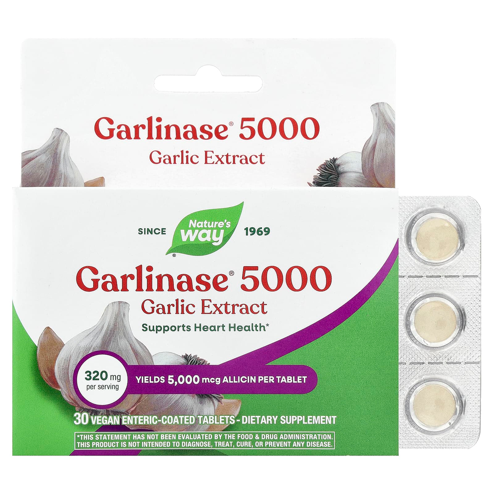Nature's Way, Garlinase® 5000, экстракт чеснока, 320 мг, 30 веганских таблеток с кишечнорастворимой оболочкой