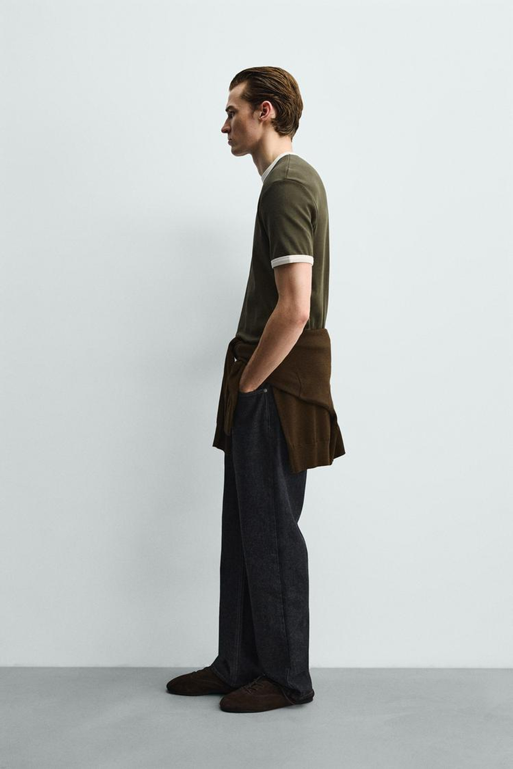 ZARA ФУТБОЛКА В РУБЧИК С КОНТРАСТНОЙ ОТДЕЛКОЙ БАЗОВАЯ, ЗЕЛЕНЫЙ