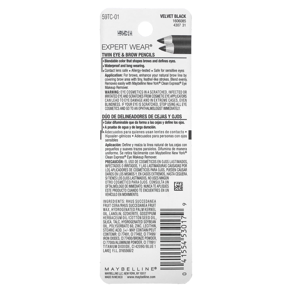 Maybelline, Expert Wear, Twin Eye & Brow, 101 бархатный черный, 2 шт., 900 мг (0,03 унции) каждый