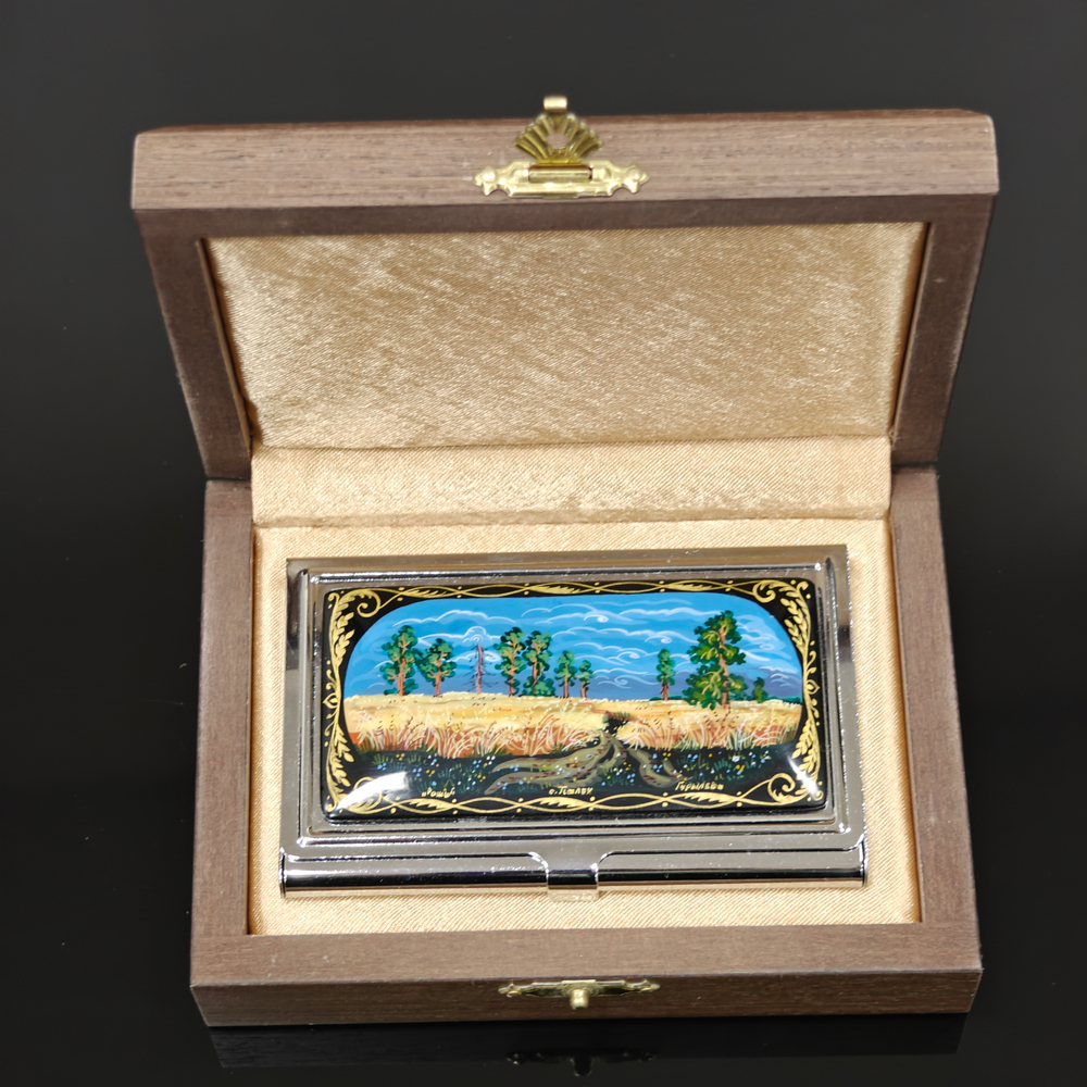 Визитница металлическая персональная "Картина Шишкина" (ручная роспись Палех)