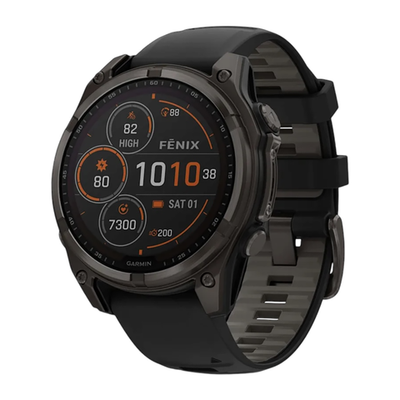 Спортивные часы Garmin fenix 8, 47 мм, Solar, титан с DLC, сапфир, силиконовый ремешок цвета чёрный/«серая галька» Тёмно-серый безель из титана с DLC-покрытием, дисплей Solar. Ремешок с классической застёжкой — на запястье обхватом 125–208 мм