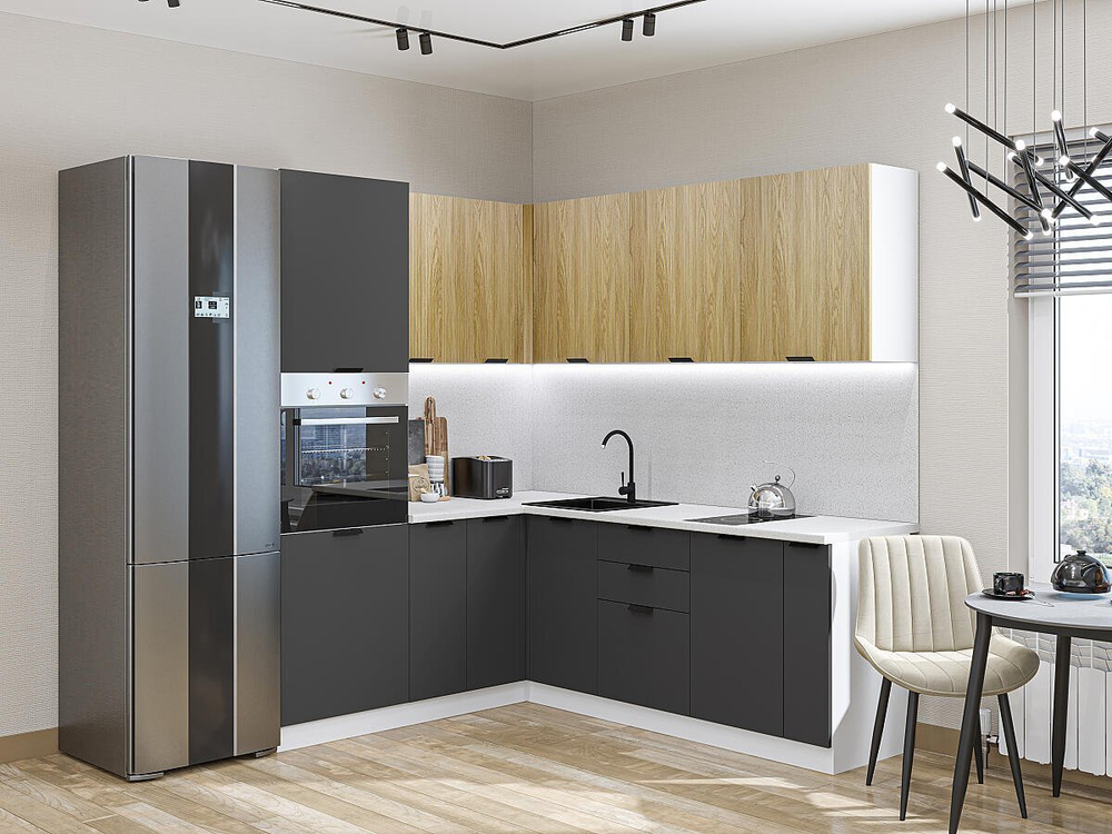 Угловая модульная кухня Евро Лайн-04 Дуб песочный/Антрацит - Белый 2140*1800/2150*600