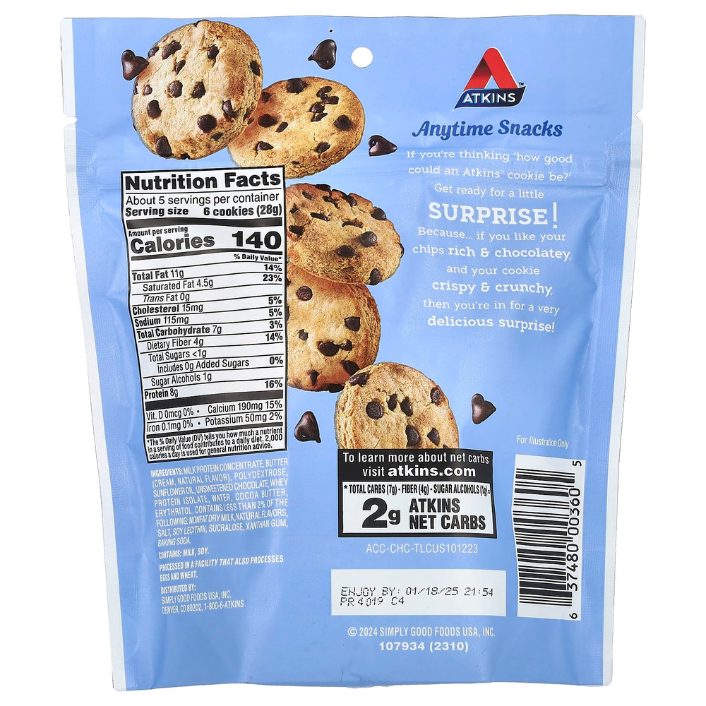 Atkins, Everytime Snacks, хрустящее протеиновое печенье, шоколадная крошка, 140 г (4,94 унции)