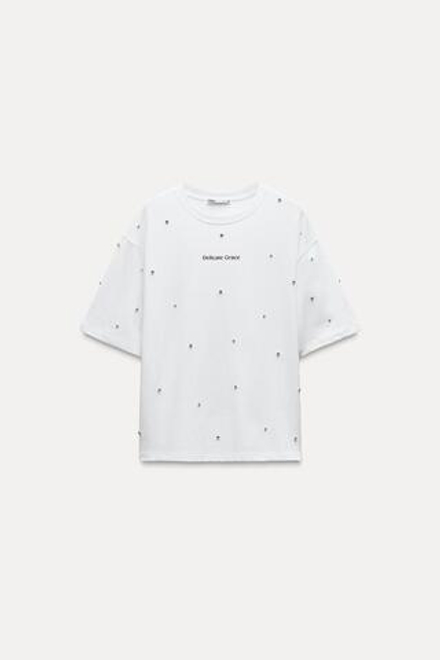 ZARA ФУТБОЛКА С НАДПИСЬЮ И СТРАЗАМИ, БЕЛЫЙ