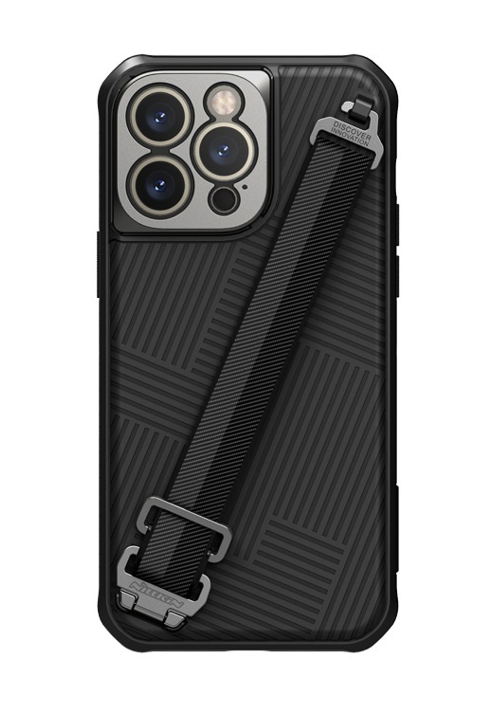 Защитный чехол от Nillkin с ремешком на руку для iPhone 14 Pro Max, серия Strap Case, металлическая рамка для линз камеры