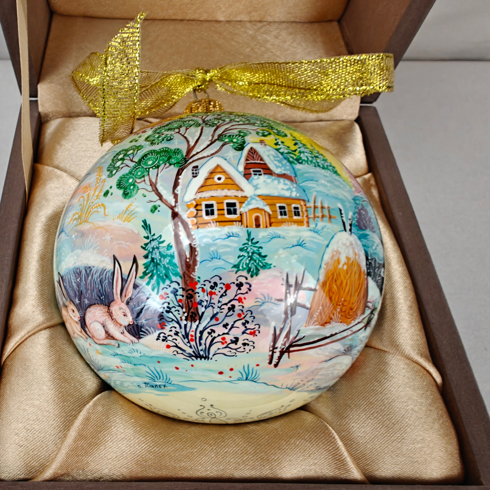 Шар новогодний с ручной росписью Палех "Лиса и зайцы"