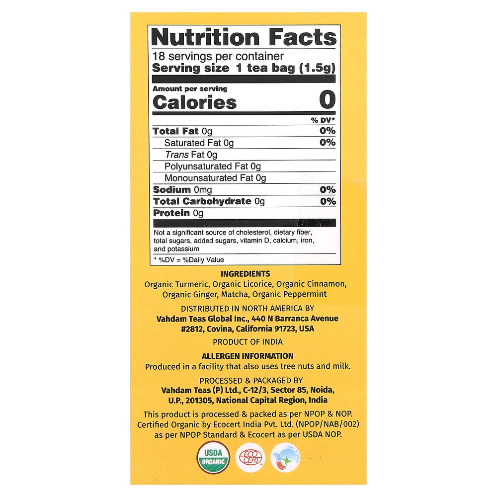 VAHDAM India, Infusions, травяной чай, куркума и матча, 18 пакетиков для заваривания, 27 г (0,95 унции)