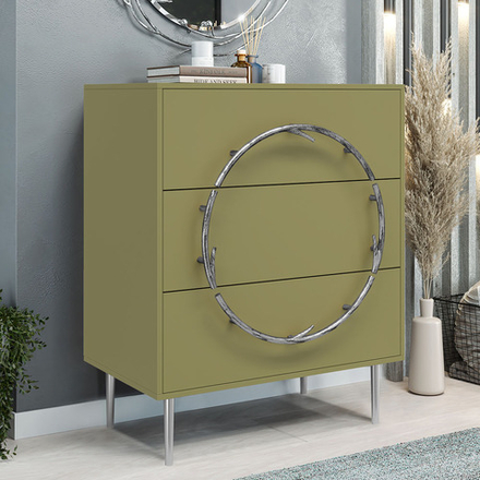 Комод Арт Колор matte Стайл Сильвер с 3 ящиками Зеленая олива матовая
