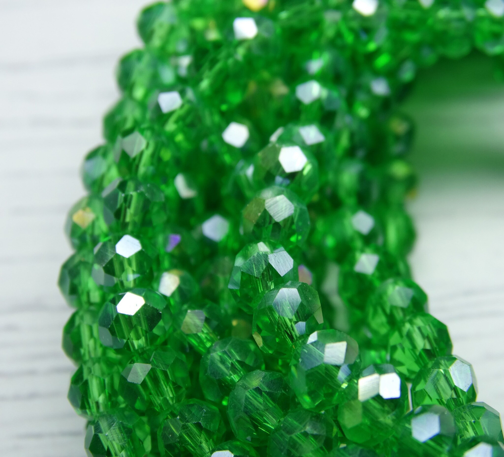 БП021ДС46 Хрустальные бусины "рондель", цвет: зеленый AB прозрачный, 4х6 мм, кол-во: 58-60 шт.