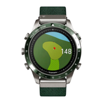 Спортивные часы Garmin MARQ Golfer (Gen 2), нейлоновый ремешок цвета «сосновый лес», силиконовый ремешок цвета «сосновый лес» Безель из титана и керамики, корпус из титана, AMOLED-дисплей с куполообразным сапфировым стеклом. Нейлоновый ремешок жаккардовог