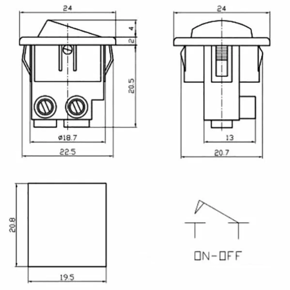 Выключатель клавишный круглый 250V 6А (2с) под винт ON-OFF красный (+провода 15 см с НШВИ)