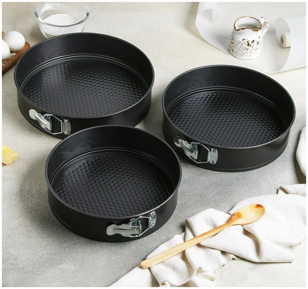 Металлические формы для выпечки разъемные с дном 18, 20, 22 см, 3 шт