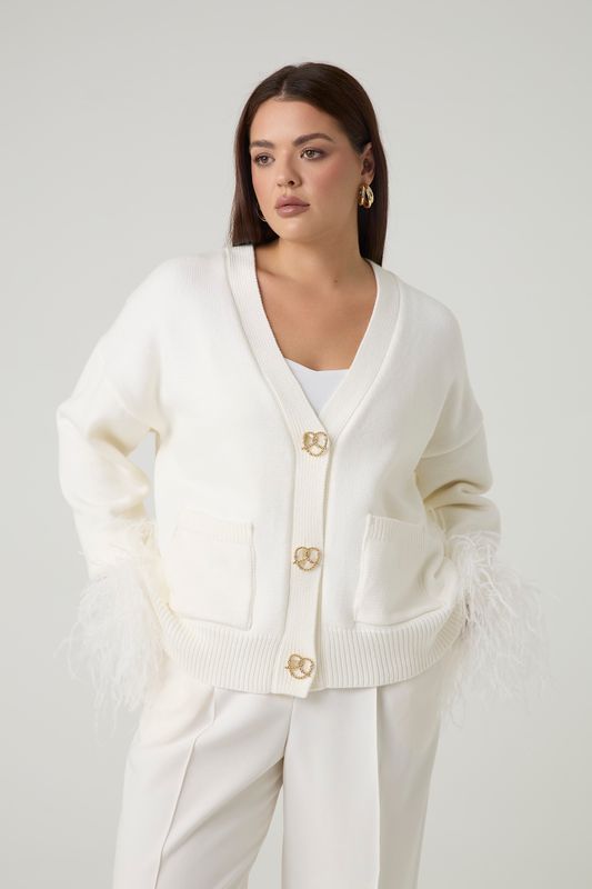 Кардиган вязаный с перьями, молочный