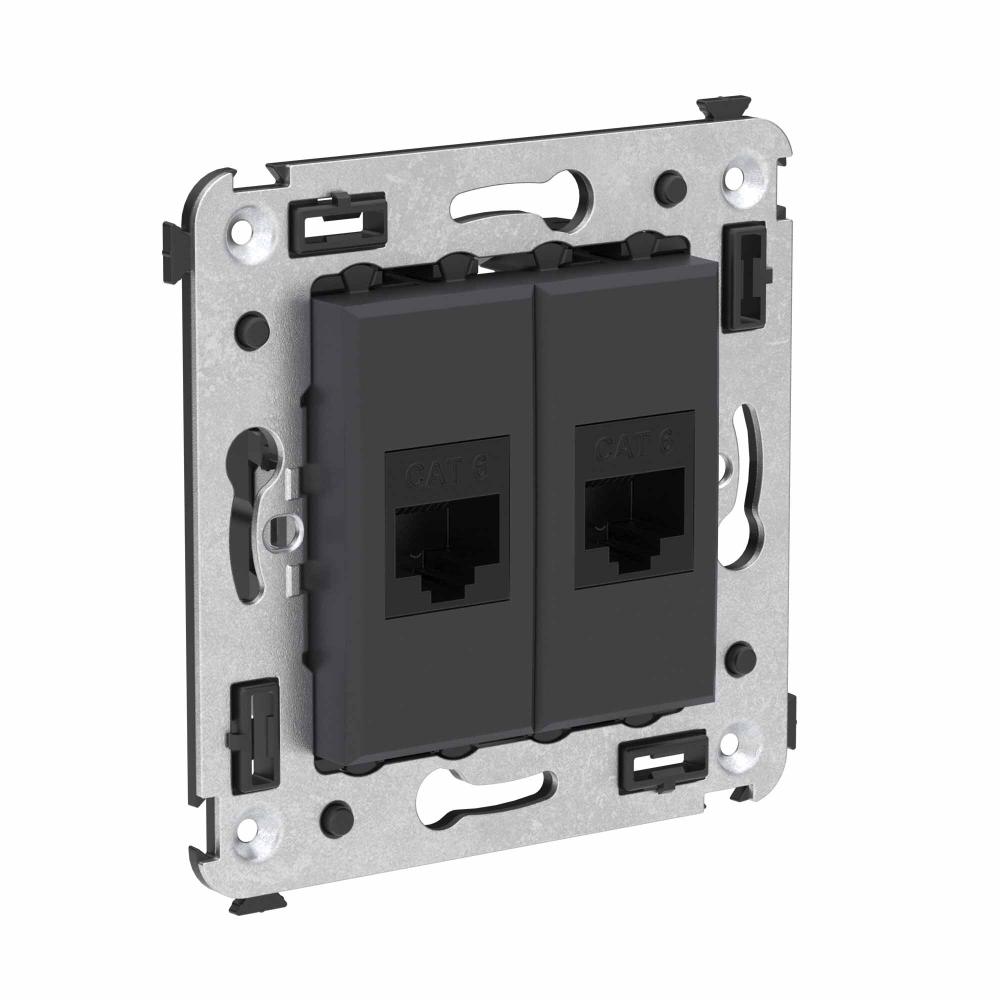 Компьютерная розетка RJ-45 без шторки в стену, кат.6 двойная, "Avanti", "Черный матовый"