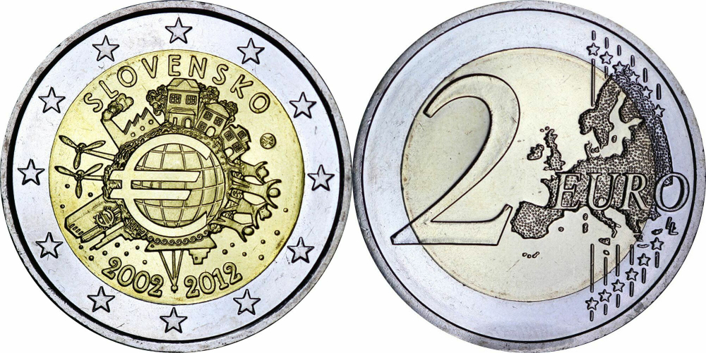 Словакия 2 евро, 2012 10 лет наличным UNC