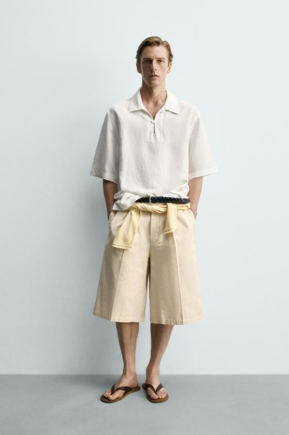 ZARA ПОЛО ИЗ ВИСКОЗЫ И ЛЬНА, БЕЛЫЙ