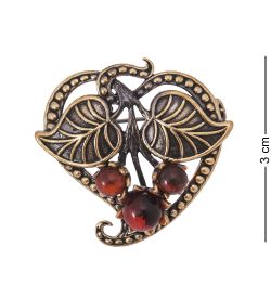 AM-4209 Брошь «Листик Сердцек» (латунь, янтарь)