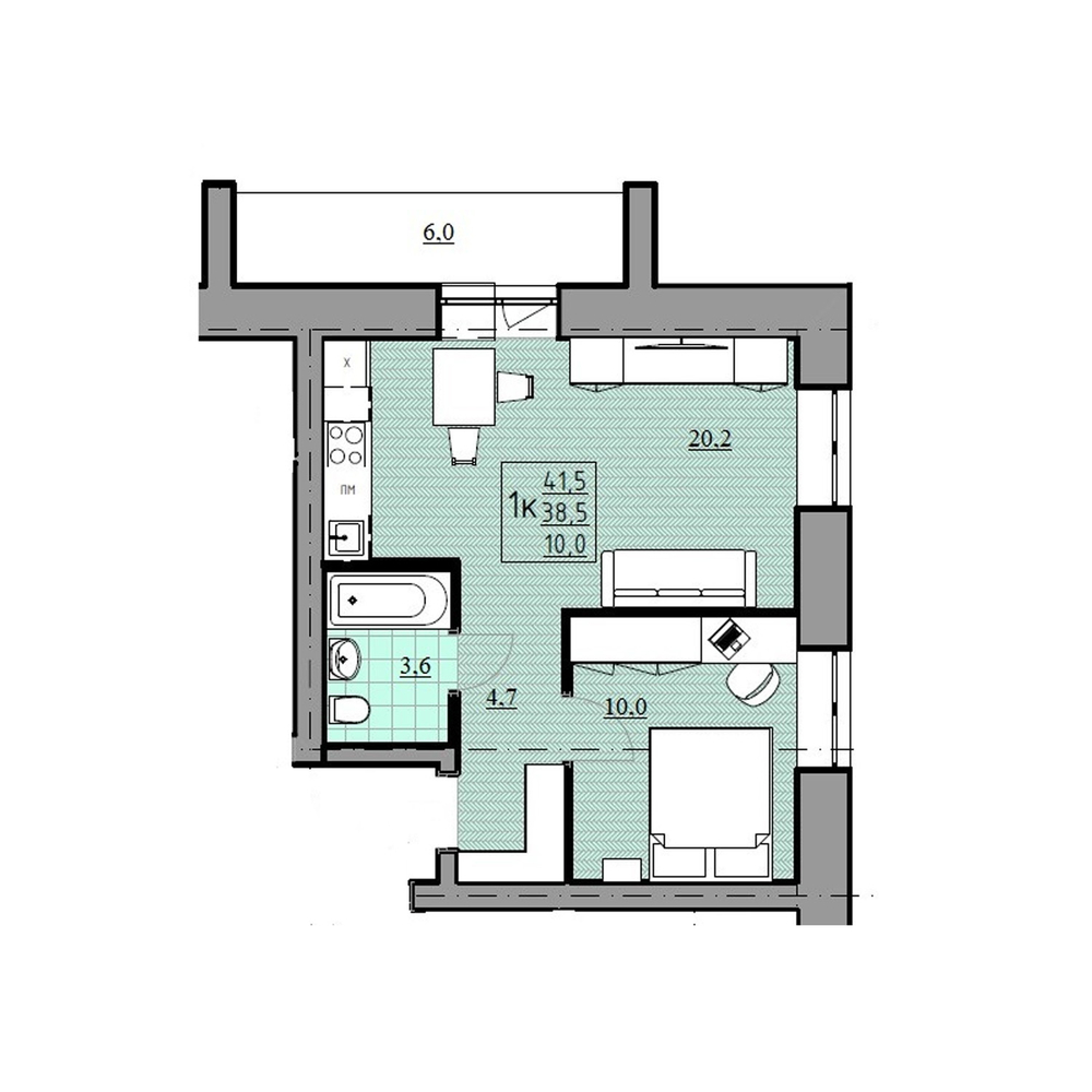 1 + квартира, 38,5 м² / Чистовая отделка