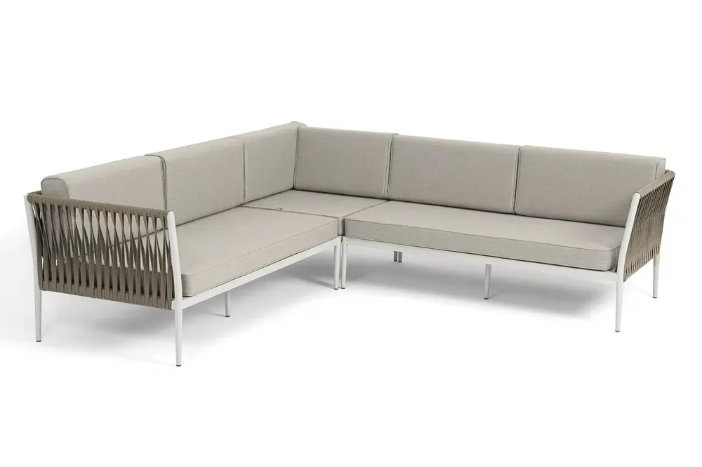 "Касабланка" диван модульный плетеный из роупа, каркас алюминий, роуп серо-коричневый 23мм, ткань бежевая 15052