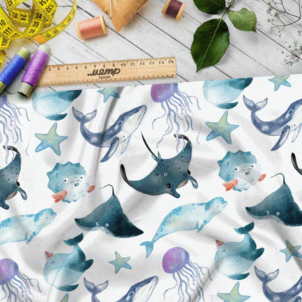 Ткань сатин обитатели океана на белом фоне