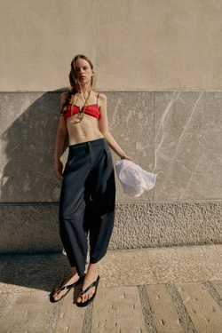 ZARA БРЮКИ BARREL ИЗ ПОПЛИНА, МОРСКОЙ СИНИЙ