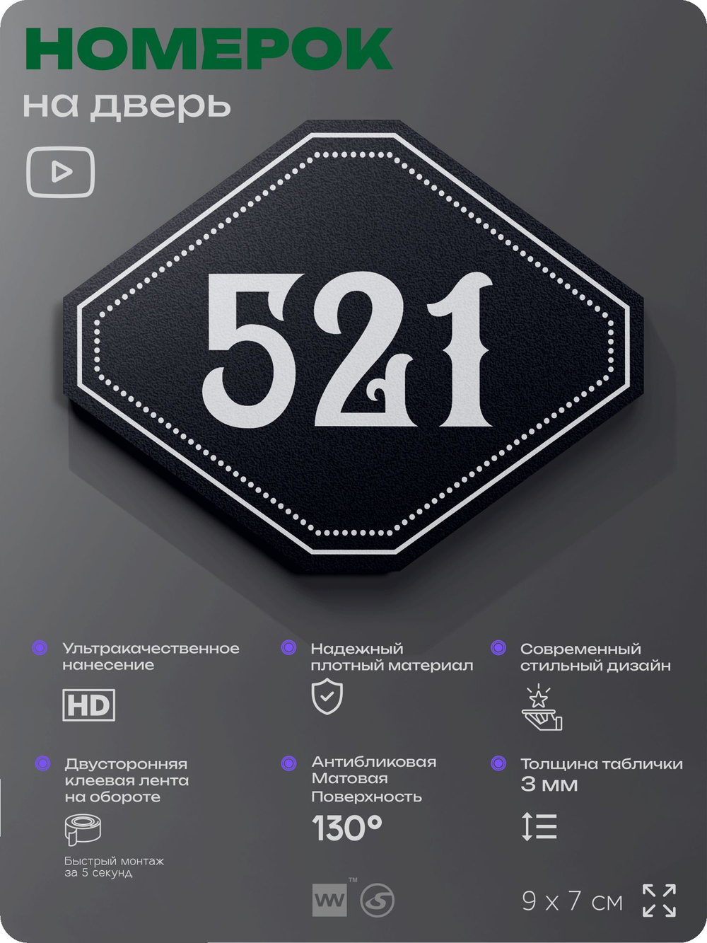 Номерок на дверь квартиры 521, для кабинета, офиса, шильдик 9 х 7 см, черный, Айдентика Технолоджи