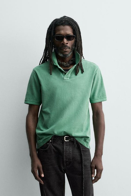 ZARA X AARON LEVINE ПОЛО ПИКЕ С ЭФФЕКТОМ ПОТЕРТОСТИ, ЗЕЛЕНЫЙ