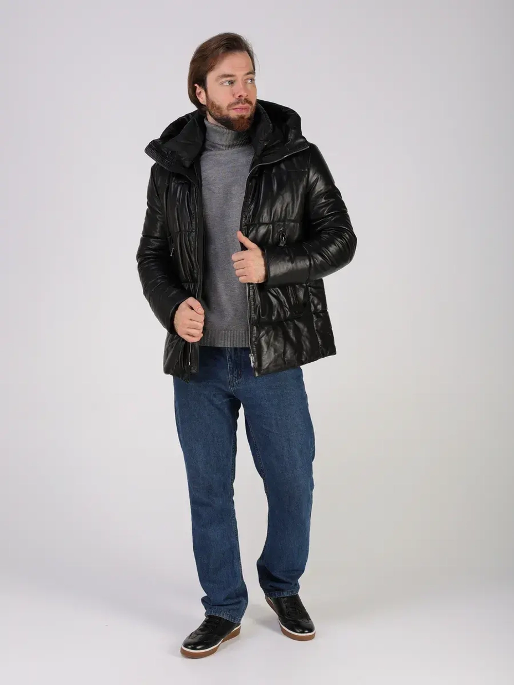 Куртка зимняя кожаная с капюшоном пуховик