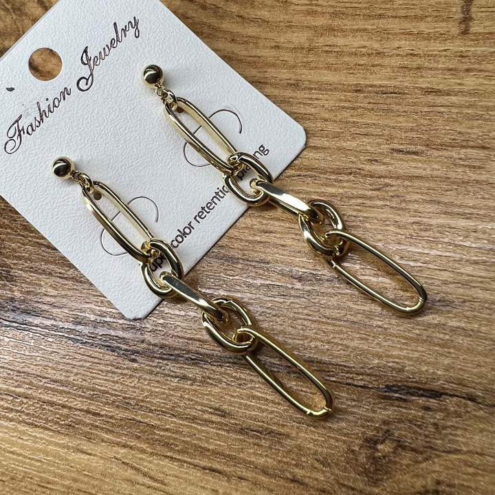 Серьги "Цепи" бусинка подвеска 5 звеньев ассорти плетение якорное овал плоский и круглый металл золотистый желтый 6 см